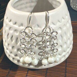 Handmade Snow White Glass Pearls Sterling Silver Plated Chainmaille Earrings